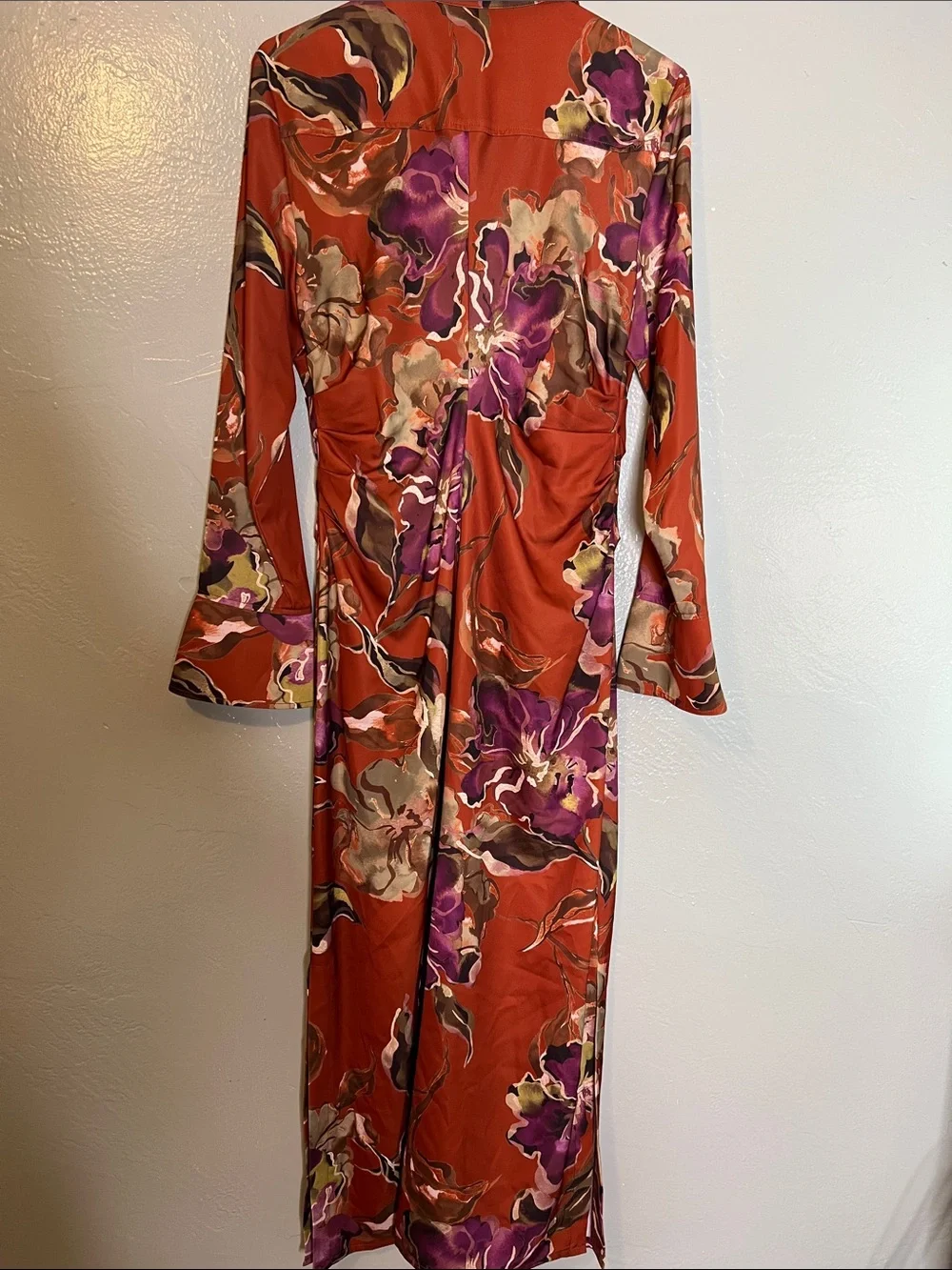 Donna Karan Midi Dress  Floral Print Long Sleeve Shirt Dress - Rust & Purple NWT - Picture 5 of 6